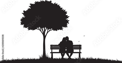Silhouette of Romantic Couple Sitting on Park Bench Under Tree at Sunset or Night Concept