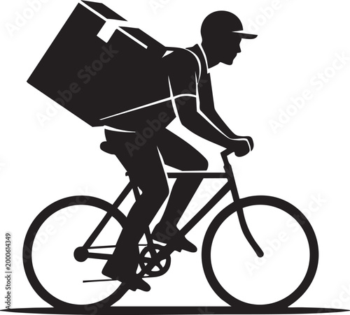 Eco friendly courier delivering package on bicycle silhouette, fast food and parcel delivery service vector.