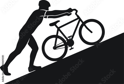 Silhouette of cyclist pushing bike uphill, symbolizing effort and challenge, isolated on checkered background.
