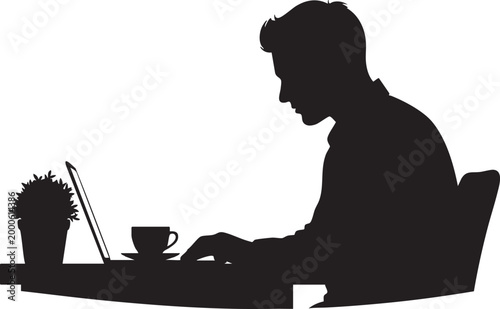 Man working on laptop in cafe or home office silhouette, freelancer at desk with coffee vector illustration.
