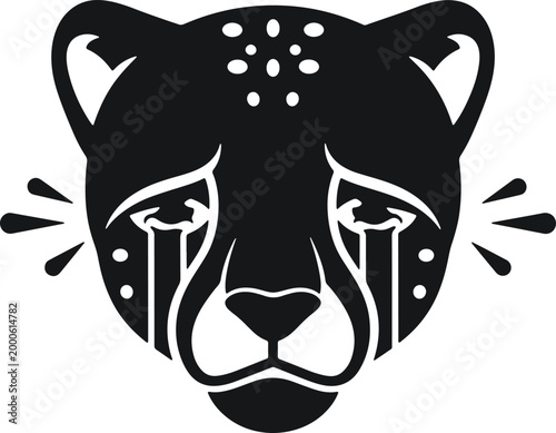 Crying cheetah face illustration black silhouette on transparent background, emotional animal graphic, wildlife icon.