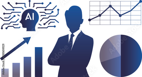 AIによるデータ分析と業績向上を示す経営者のビジネスイメージ、DX推進・成長戦略・経営判断のコンセプト素材