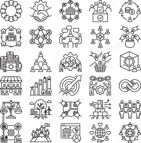 30 Employee Ownership Line Icons – Cooperatives, Shared Governance, Profit Sharing Minimalist Vector Outline Set for UI UX