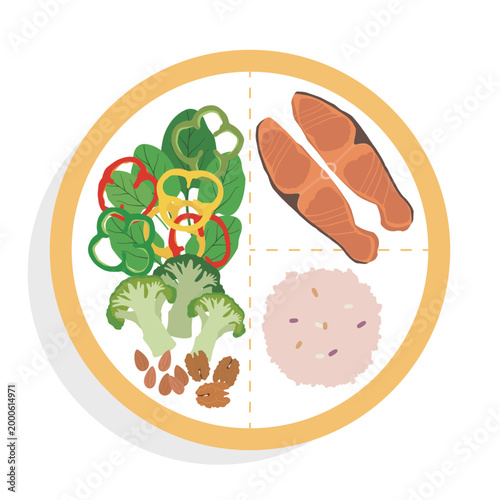 Healthy Nutrition Plate with Grilled Salmon, Brown Rice, Nuts, Broccoli and Bell Pepper Illustration