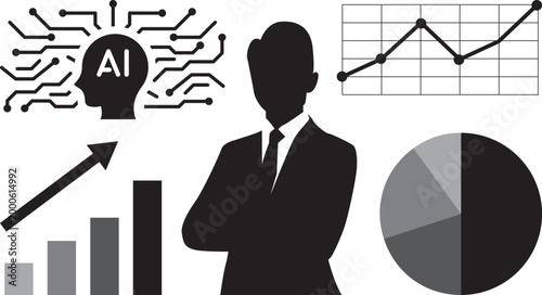 AIによるデータ分析と業績向上を示す経営者のビジネスイメージ、DX推進・成長戦略・経営判断のコンセプト素材 黒