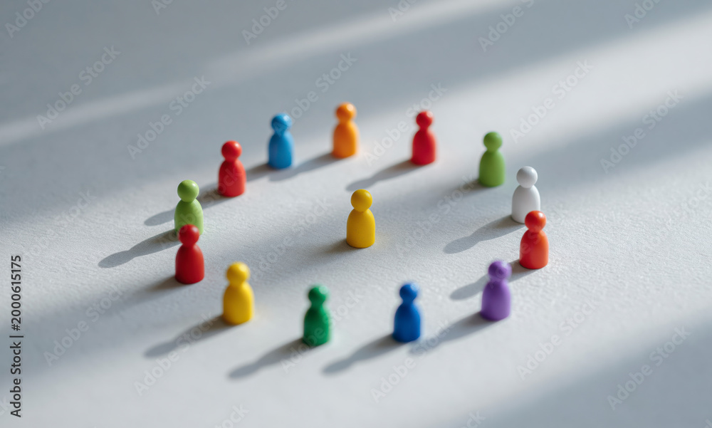 Obraz premium Colorful Peg People Form Circle Unity Communication and Teamwork Concept