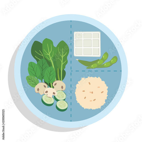 Healthy Balanced Vegan Plate with Tofu, Edamame, Brown Rice and Fresh Vegetables Illustration