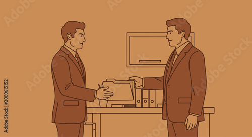 Two businessmen exchanging a folder of documents in an office