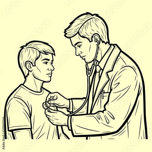 A doctor wearing a coat and stethoscope is listening to a young boy's chest with medical examination