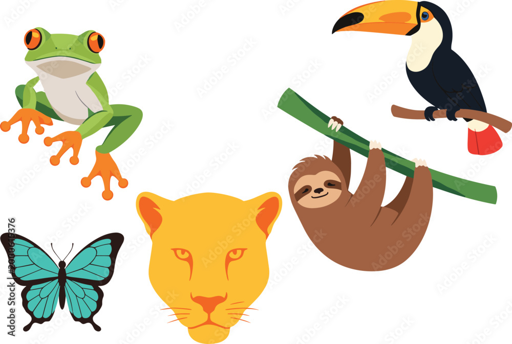 Fototapeta premium Tropical Wildlife Icon Set with Parrot, Frog, Lion, Sloth, Toucan, and Butterfly for Websites, Apps, and Digital Media Designs.