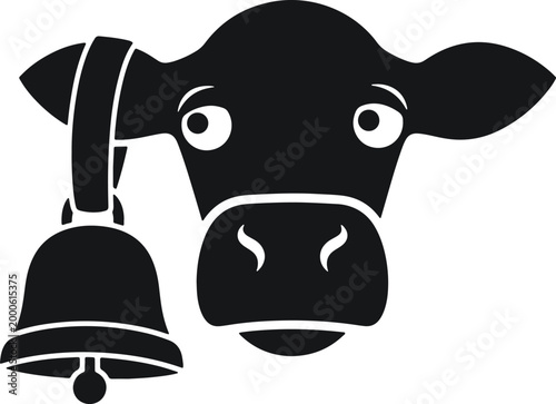 Cow head with bell, black silhouette, farm animal illustration, cartoon character, cute farm creature.