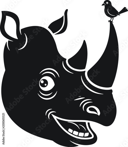 Stylized silhouette of a rhino head with a bird perched on its horn and a funny expression.