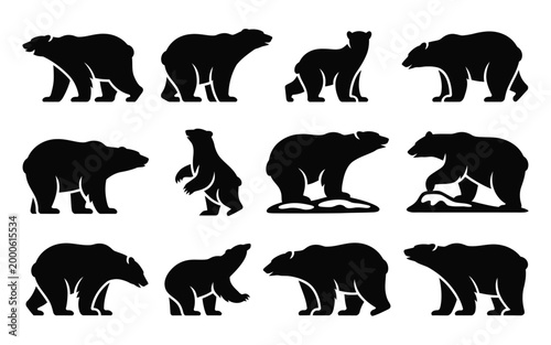Collection of black bear silhouettes walking standing and moving in various poses on white background