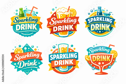 Collection of fun beverage labels and logos for sparkling drinks, cocktails, soda, and juice, with bubbles and fruit