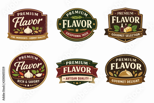 Premium flavor food labels collection with gourmet quality, artisan taste, and exceptional delight branding badges