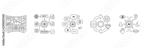 Artificial intelligence and future technology icon set featuring digital neural tree network brain connection electronic circuit and smart automation systems.