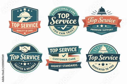 Collection of vintage-style flat badges and labels promoting top service, customer care, and high quality standards