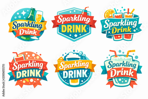 Sparkling drink logotypes and labels, refreshing beverages, juice, cocktail, soda, and bubbly liquid branding designs