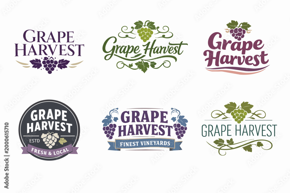 Fototapeta premium Grape harvest logos set displaying vine leaves and fruit clusters for winery, vineyard, and wine branding