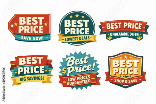 Collection of best price labels and badges, offering sales, discounts, and guaranteed low prices for shopping promotions