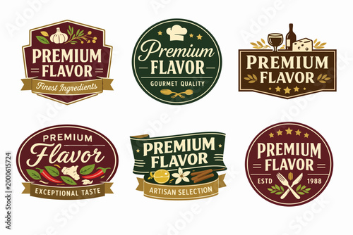 Collection of premium flavor badges with various food elements, representing gourmet quality and artisan selection for products