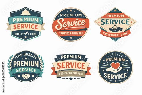 Premium service badges showing quality, care, trust, and exceptional support with vintage labels