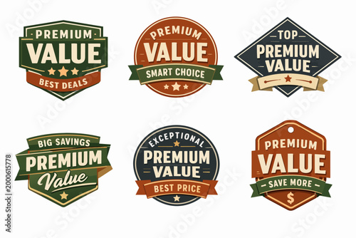 Premium value labels set offering best deals, smart choice, top quality, big savings, exceptional price, and more sales