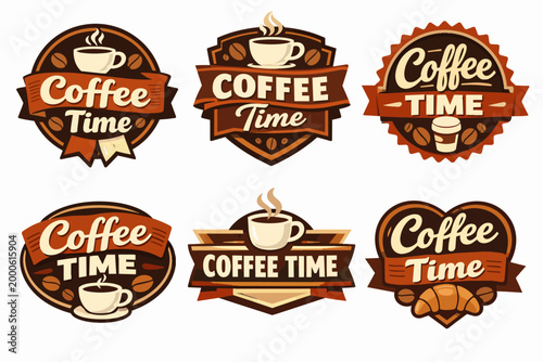 Coffee time badge collection featuring various designs with cups, beans, and croissants, ideal for cafes and branding