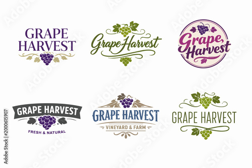 Grape harvest logos set providing design elements for vineyard, winery, and agricultural branding concepts