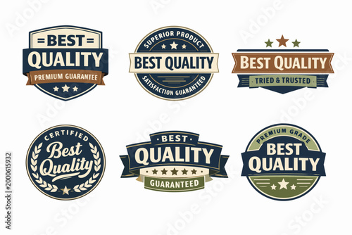 Set of retro best quality guarantee labels, certificate, and superior product stamps for marketing and branding