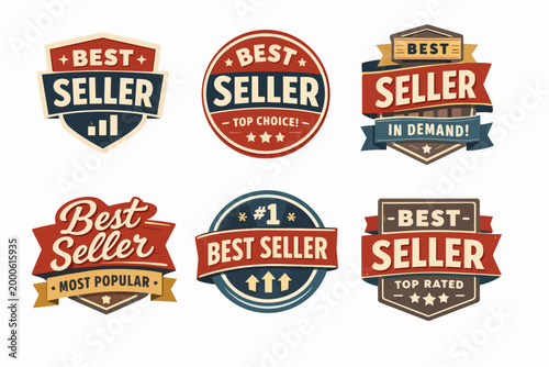 Best seller badges collection with top choice, in demand, most popular, and top rated retro labels