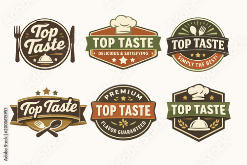 Top taste vintage food labels collection featuring chef hat, cutlery, and serving dome designs for restaurant branding