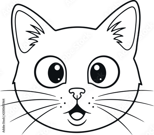 Cute cartoon cat face with big eyes and whiskers, line art illustration, simple animal sketch for children designs.