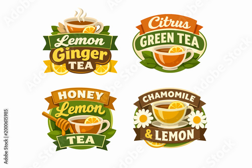 Herbal and fruit tea labels set with lemon ginger, citrus green, honey lemon, and chamomile lemon flavors