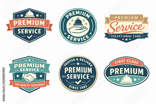 Collection of premium service badges with cloche, handshake, and checkmark symbols, indicating quality and care