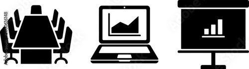 Office Meeting Conference Table Laptop Screen Icons