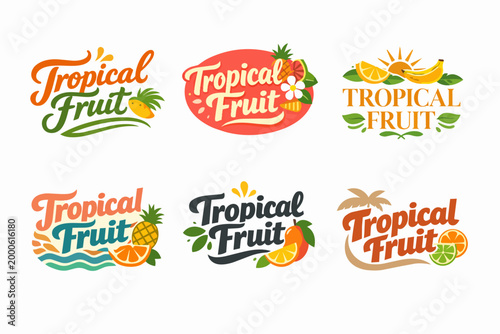 Tropical fruit labels set creating emblems for summer, organic products, fresh juice, and natural food branding