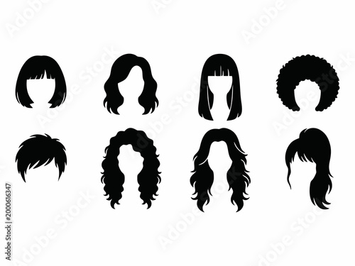 Set of various female hair wig icons and hairstyles vector black silhouette
