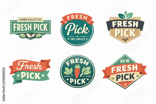 Fresh pick labels collection featuring organic food badges for fresh produce, farming, healthy eating, and natural product branding