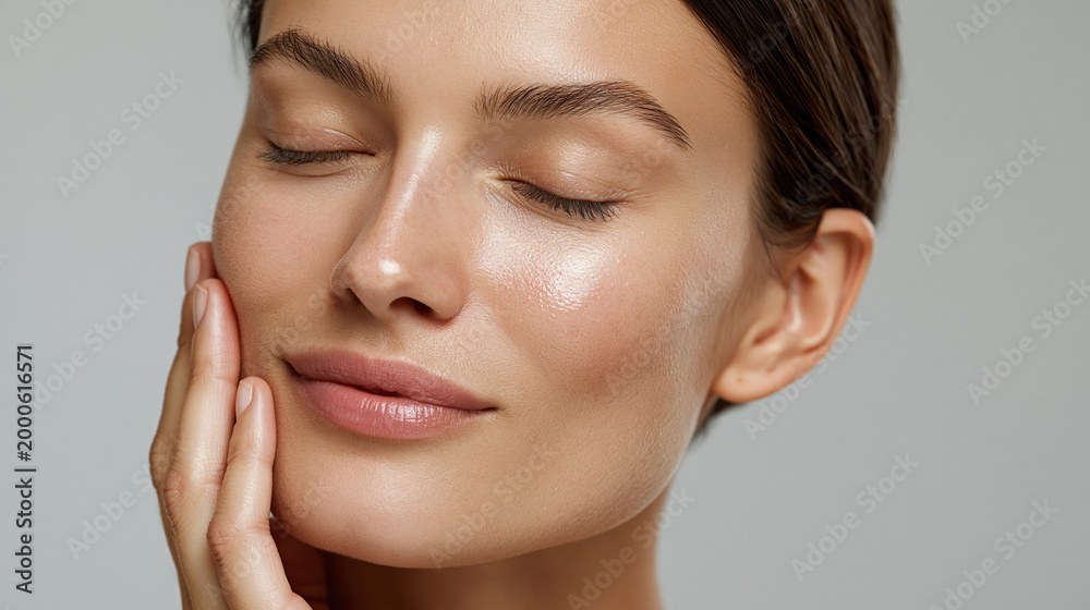 Obraz premium Woman Caress Face, Showcase Healthy Skin, Beautiful Complexion and Glow