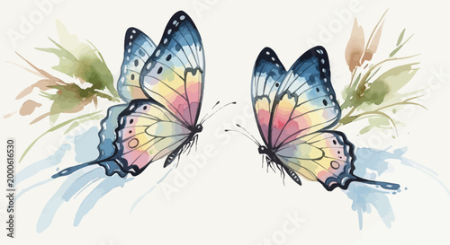 Watercolor butterflies flying among soft green foliage