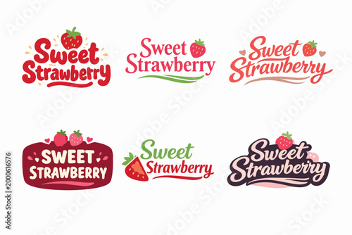 Sweet strawberry logos and badges, creating fresh, organic, and healthy food branding for fruit products and packaging