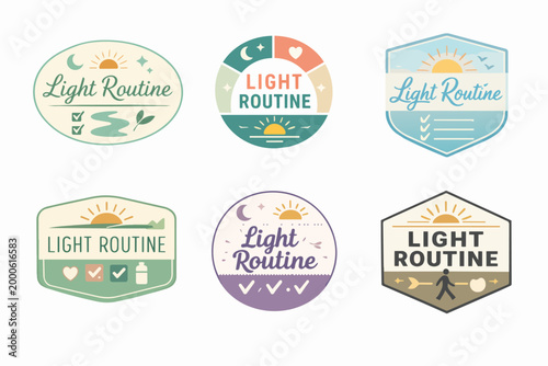 Light routine logo collection for wellness and health tracking, showing sun, moon, icons, daily habits, and good lifestyle