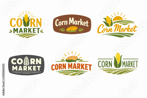 Set of diverse organic corn market logos displaying maize cobs, green fields, and sun for fresh agriculture farming brands