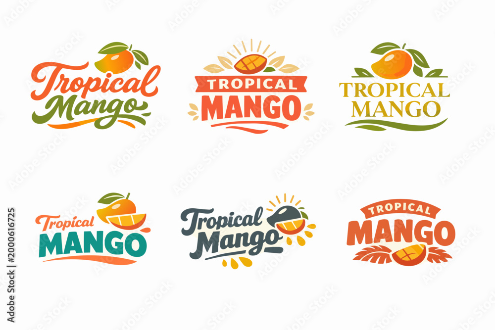 Naklejka premium Set of tropical mango fruit logos providing fresh organic food branding for juice, drink, and farm products