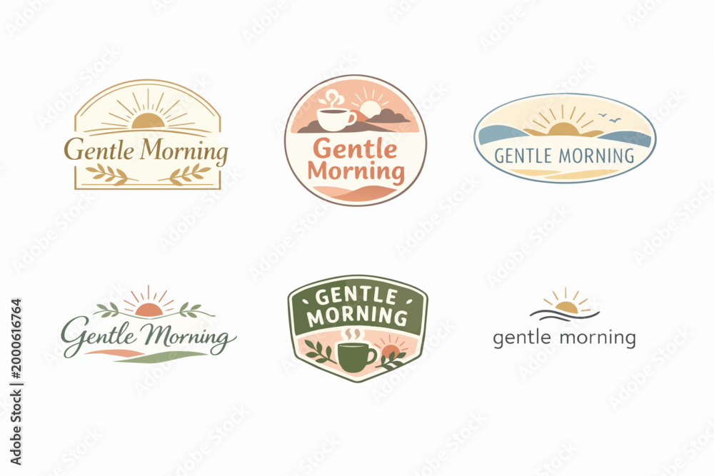 Obraz premium Morning concept logo collection featuring suns, coffee cups, and natural elements for cafe and breakfast branding