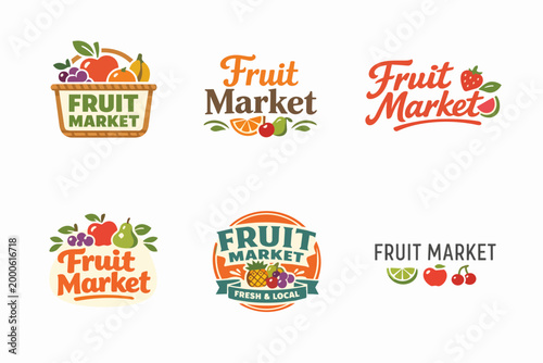 Fruit market logo set illustrating fresh fruits like apples, grapes, and oranges, perfect for organic food branding