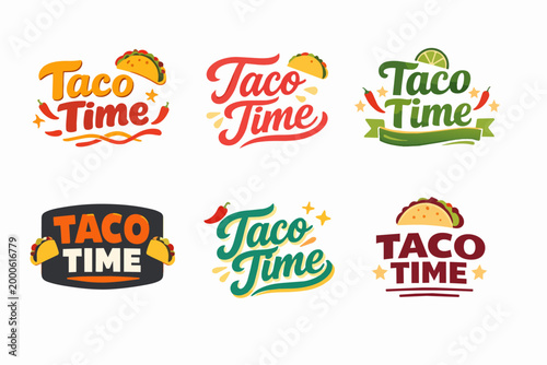 Taco time logo collection displaying various typographic styles, tacos, and chili peppers, suitable for mexican food branding