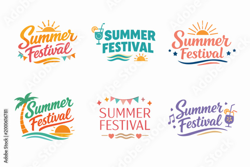 Summer festival vector logo collection showing fun, party, sun, sea, music, and cocktail themes for events and celebrations