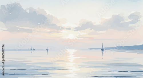 Sailboats glide on calm water at sunset